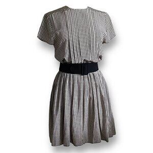 Vintage 1980s Bill Geoffreys Silk Dress Sz 6 Cream Black Houndstooth Minimalist